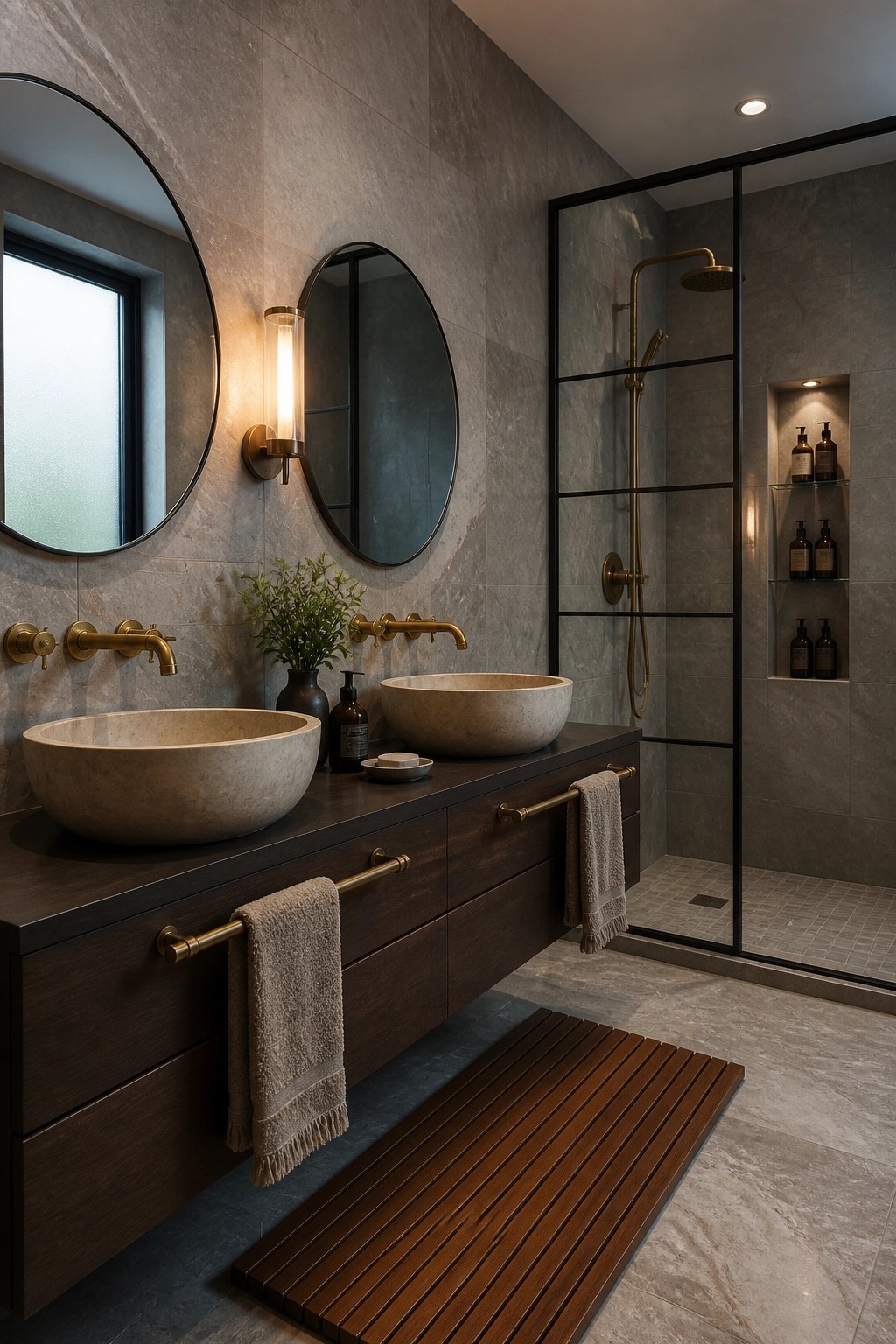 A bathroom with a long floating dark wood vanity holding two stone vessel sinks, round mirrors above, brass fixtures, and a glass shower enclosure to the right.