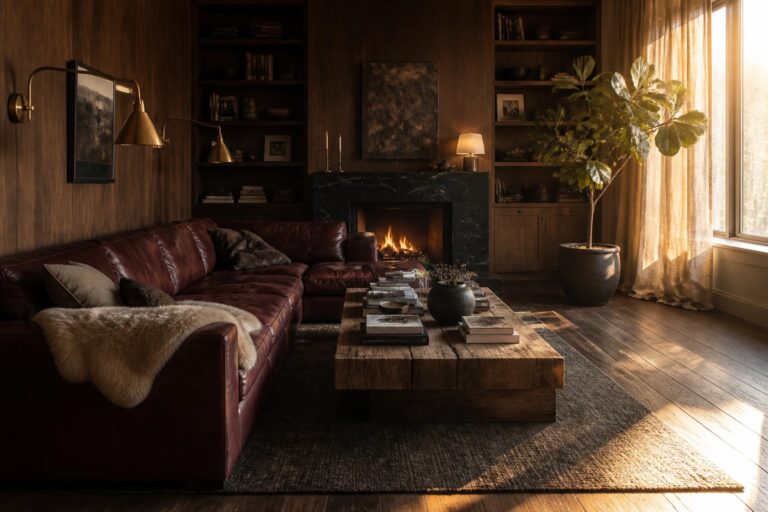 19 Cozy Dark Wood Interior Design Ideas for a Luxurious Feel Living room with dark wood paneling and built-in bookshelves surrounding a fireplace, a burgundy leather sectional, and a wooden coffee table on a dark rug.