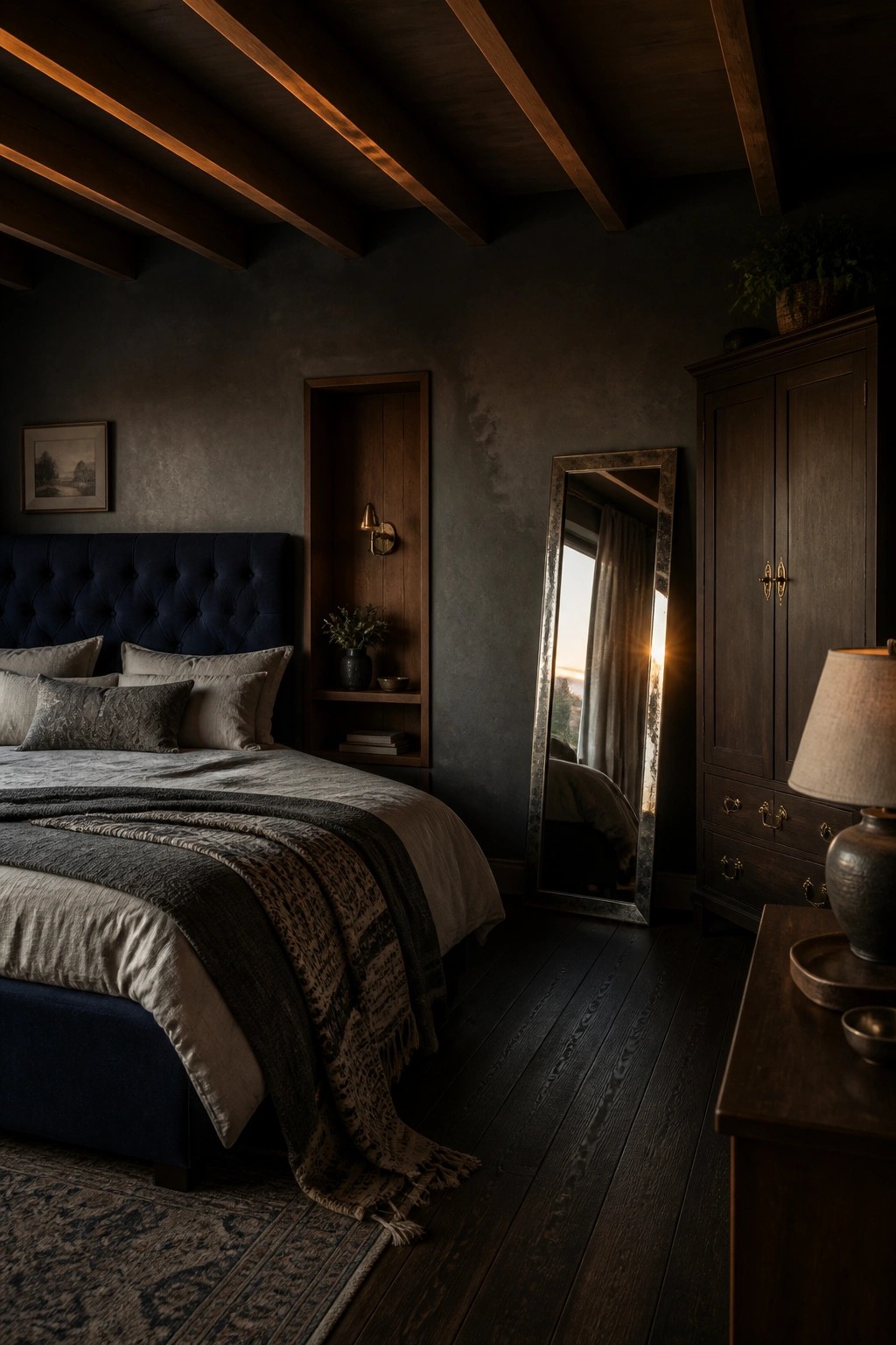 Dark bedroom with navy bed, tall mirror reflecting sunset, and wooden furniture
