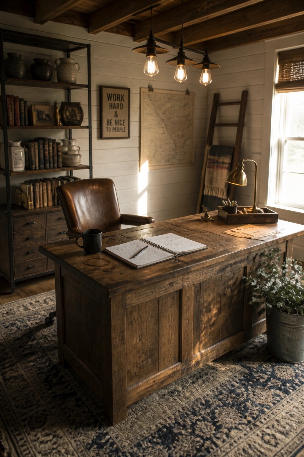 A large rustic wooden desk with an open notebook, black mug, and brown leather chair in a home office with white shiplap walls and metal bookshelves.