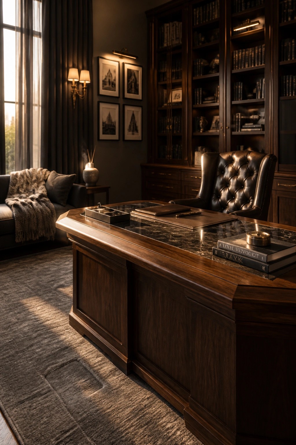 A large dark wood desk with a marble top sits in a home office in front of tall wooden bookshelves.