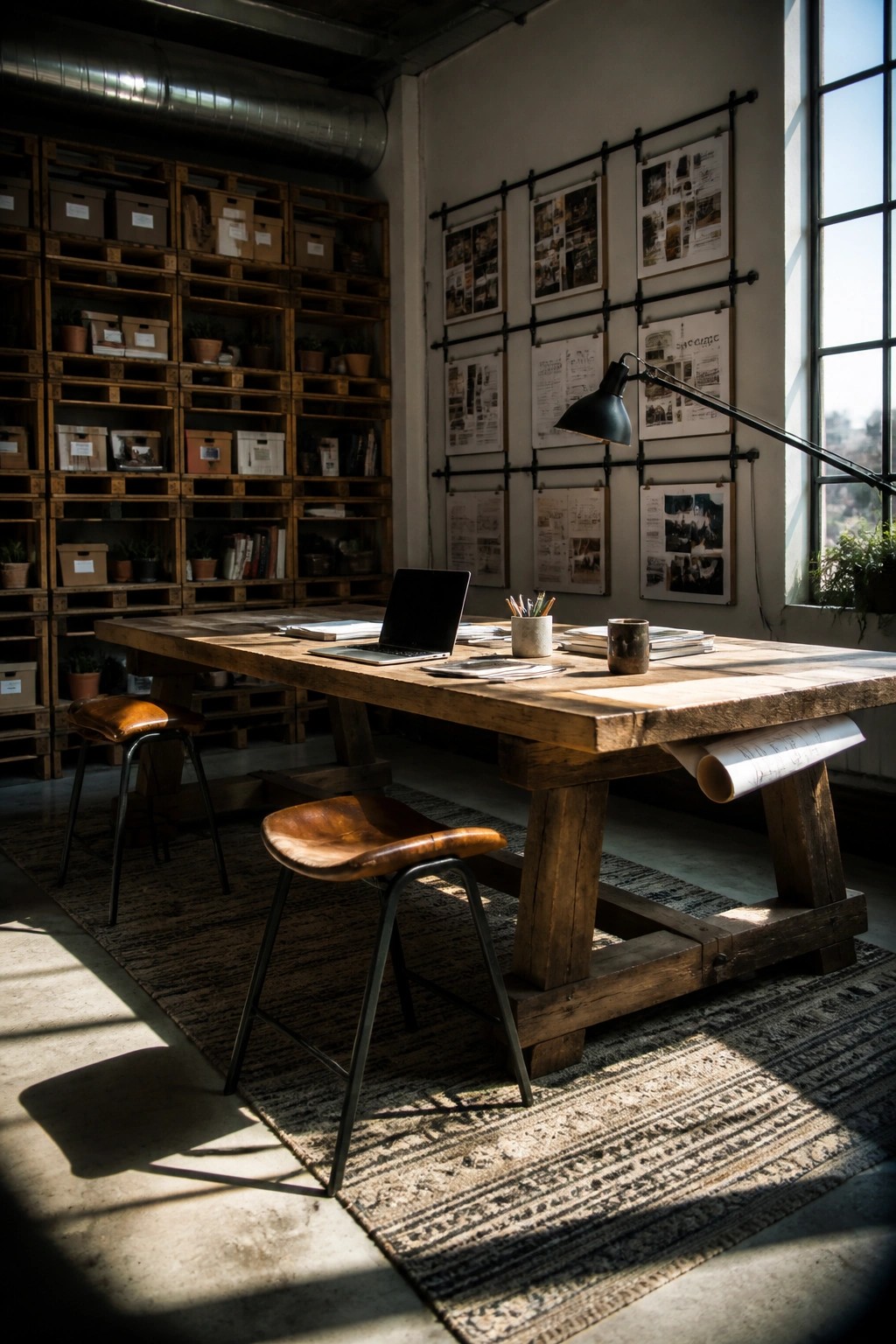 A large wooden table used as a desk with a laptop, lamp, and two leather stools in an office with wall-mounted artwork and wooden storage shelves.