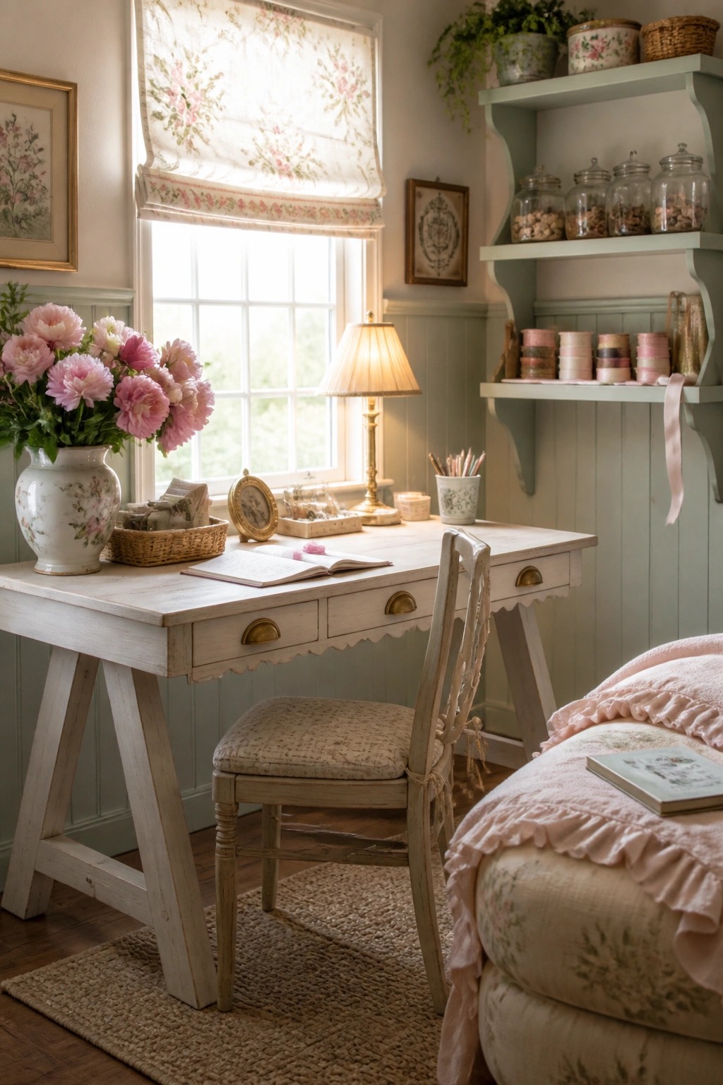 A whitewashed wooden desk with A-frame legs and an open book sits in front of a window with a floral shade, accompanied by a patterned chair in a light green room.