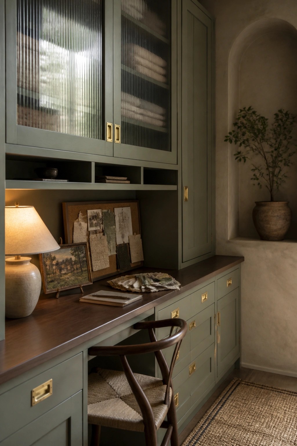A built-in office desk and cabinet unit in muted green with brass hardware, a dark wood countertop, and a wooden chair pulled up to the desk.