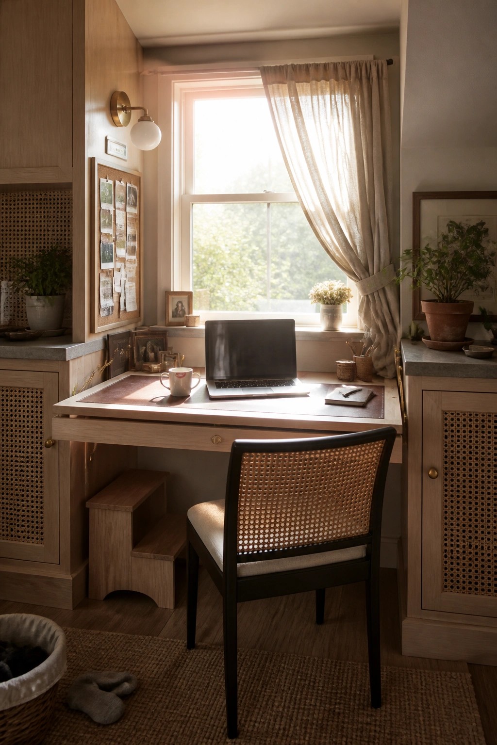 A light wood built-in desk with laptop and chair placed directly under a window with curtains.