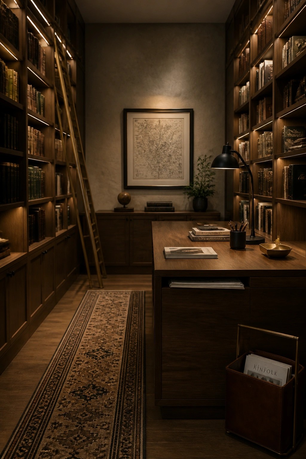 A narrow home office lined with dark wood built-in bookshelves, featuring a rolling ladder, a central wooden desk, and a framed map on the back wall.