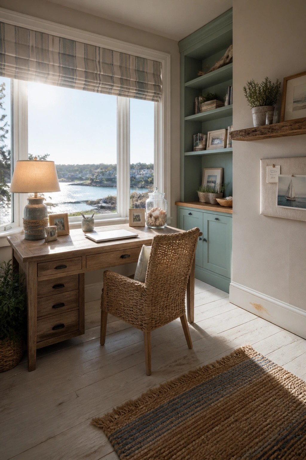 A wooden desk with a woven chair placed in front of a window beside built-in green shelves and cabinets in a home office.