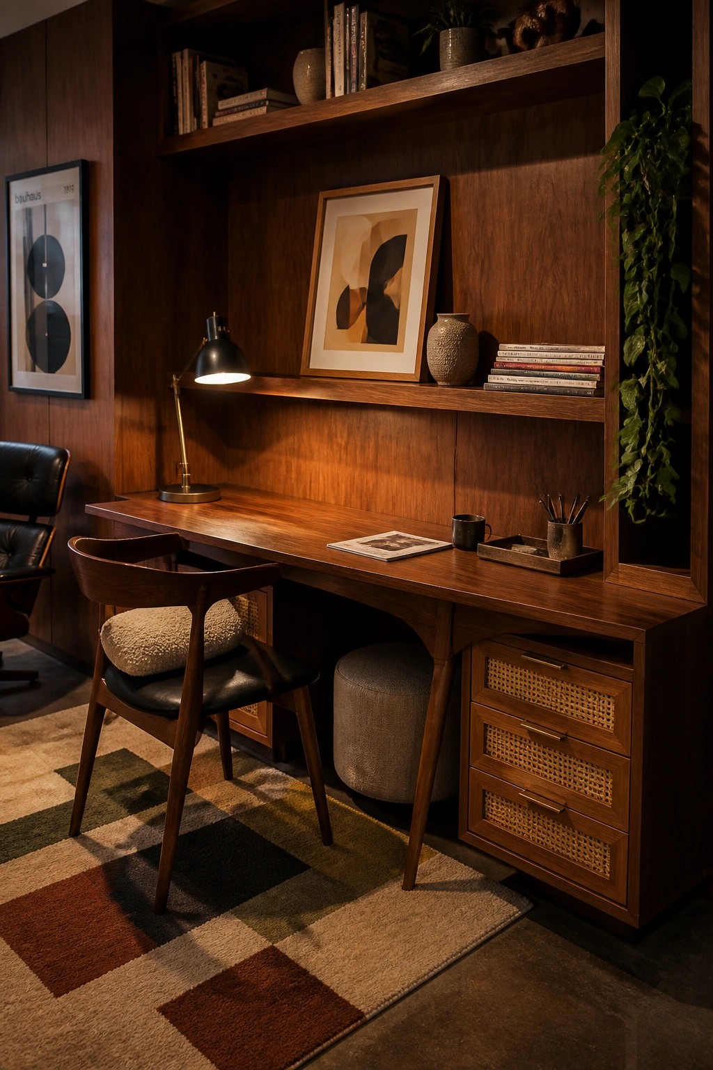 A wooden built-in desk with overhead shelving, a black task lamp, framed art, and a cushioned wooden chair on a patterned rug in a home office.