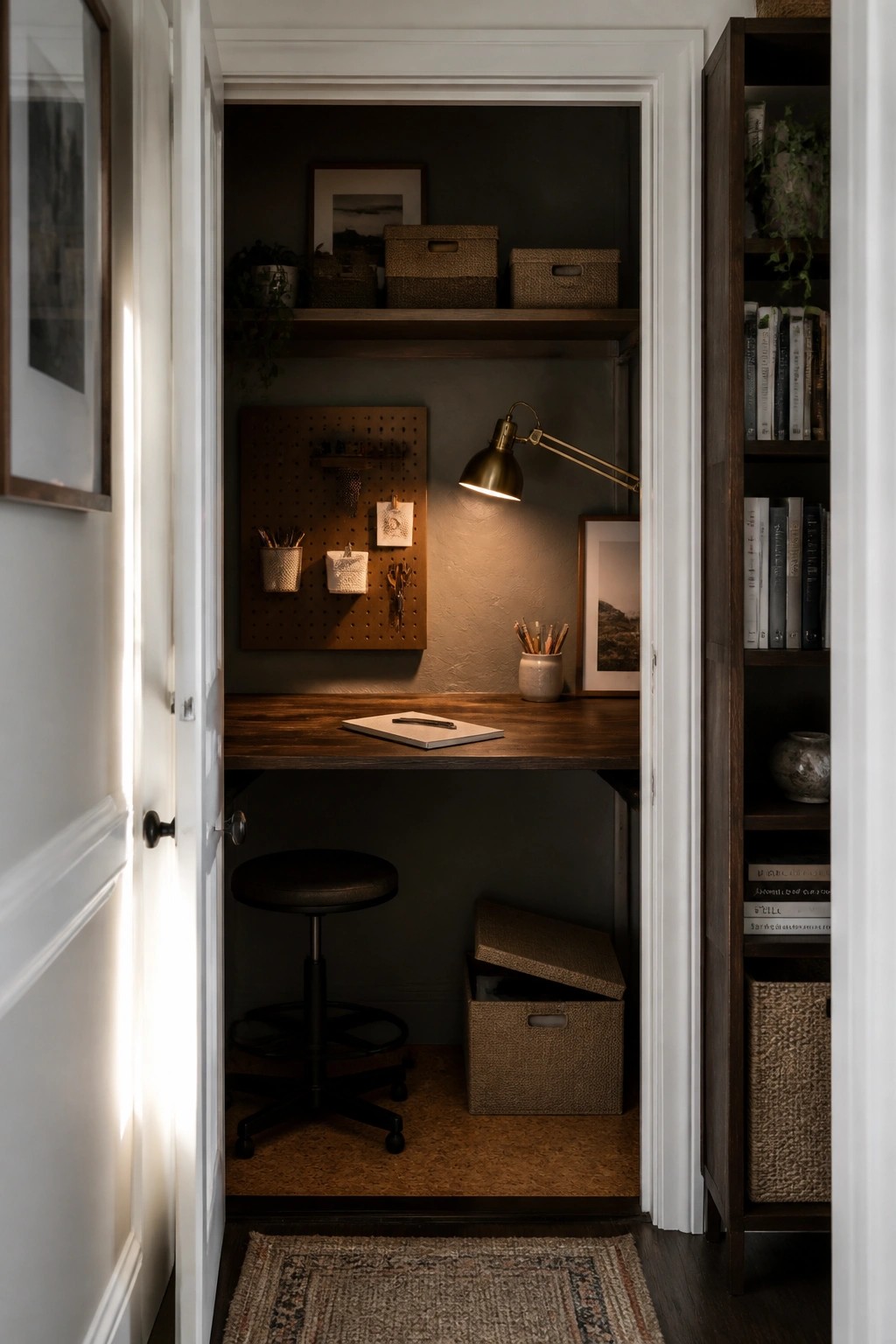 A compact home office built inside a closet, featuring a wooden desk, pegboard, shelves with baskets, and a stool.