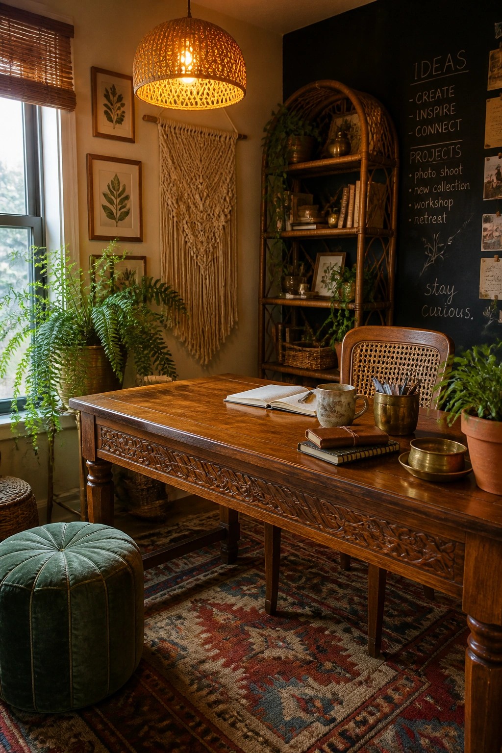 A home office with a large carved wooden desk, open notebook, ceramic mug, and brass containers, set on a patterned rug with plants, a macrame wall hanging, and a chalkboard wall nearby.