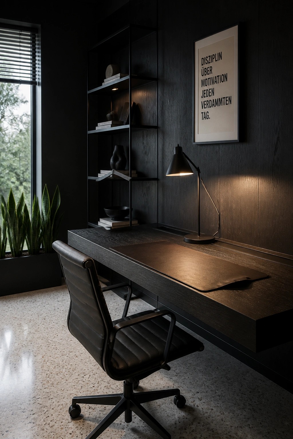 A home office featuring dark wood walls, built-in shelving, a long wooden desk with a leather desk mat, and a black leather office chair.