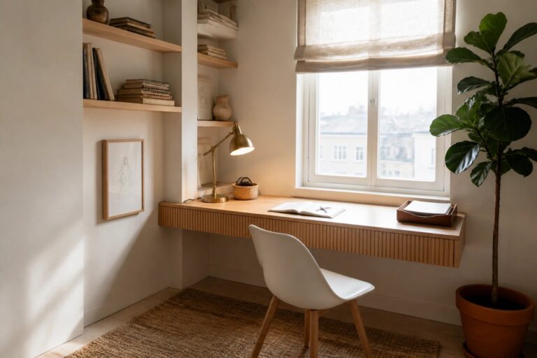 19 Creative Wood Office Interior Ideas for a Stylish Productive Space A light wood floating desk with an open notebook and brass lamp mounted below built-in shelves in a room with a large window and white chair.