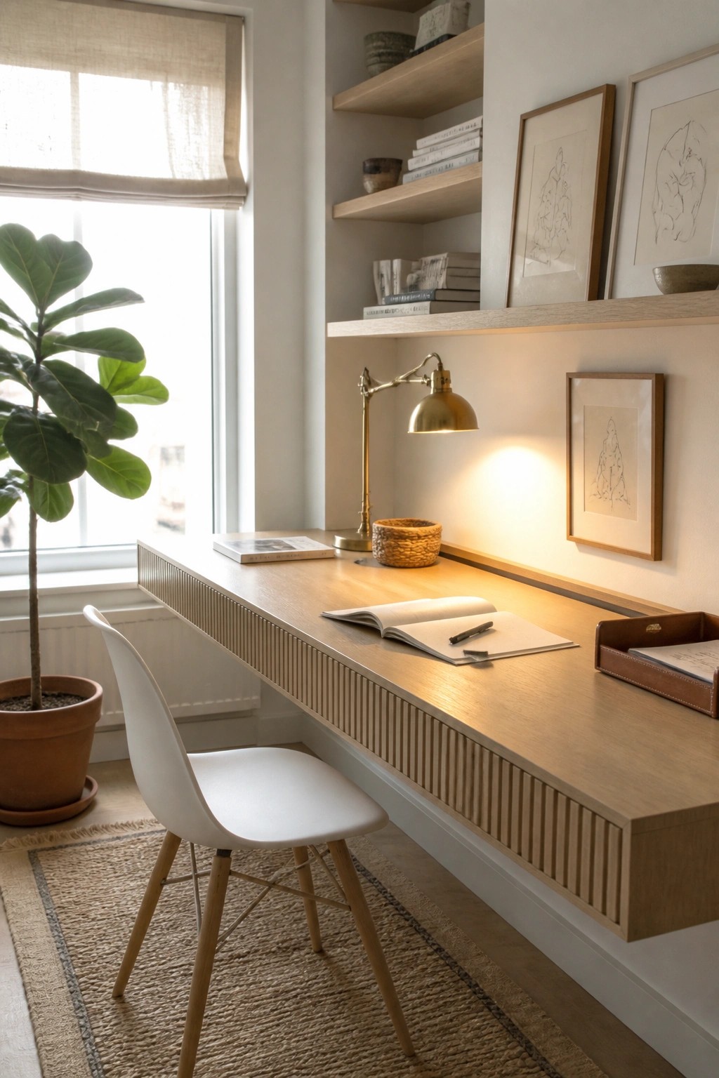 A light wood floating desk with an open notebook and brass lamp mounted below built-in shelves in a room with a large window and white chair.