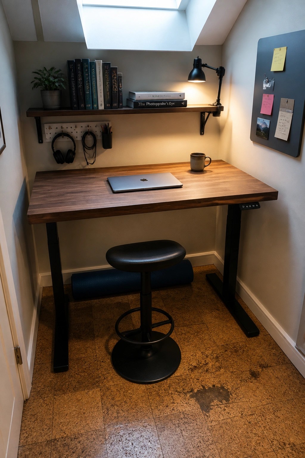 A small home office with a wooden desk holding a laptop and mug, a floating shelf with books above it, and a black stool on a cork floor.