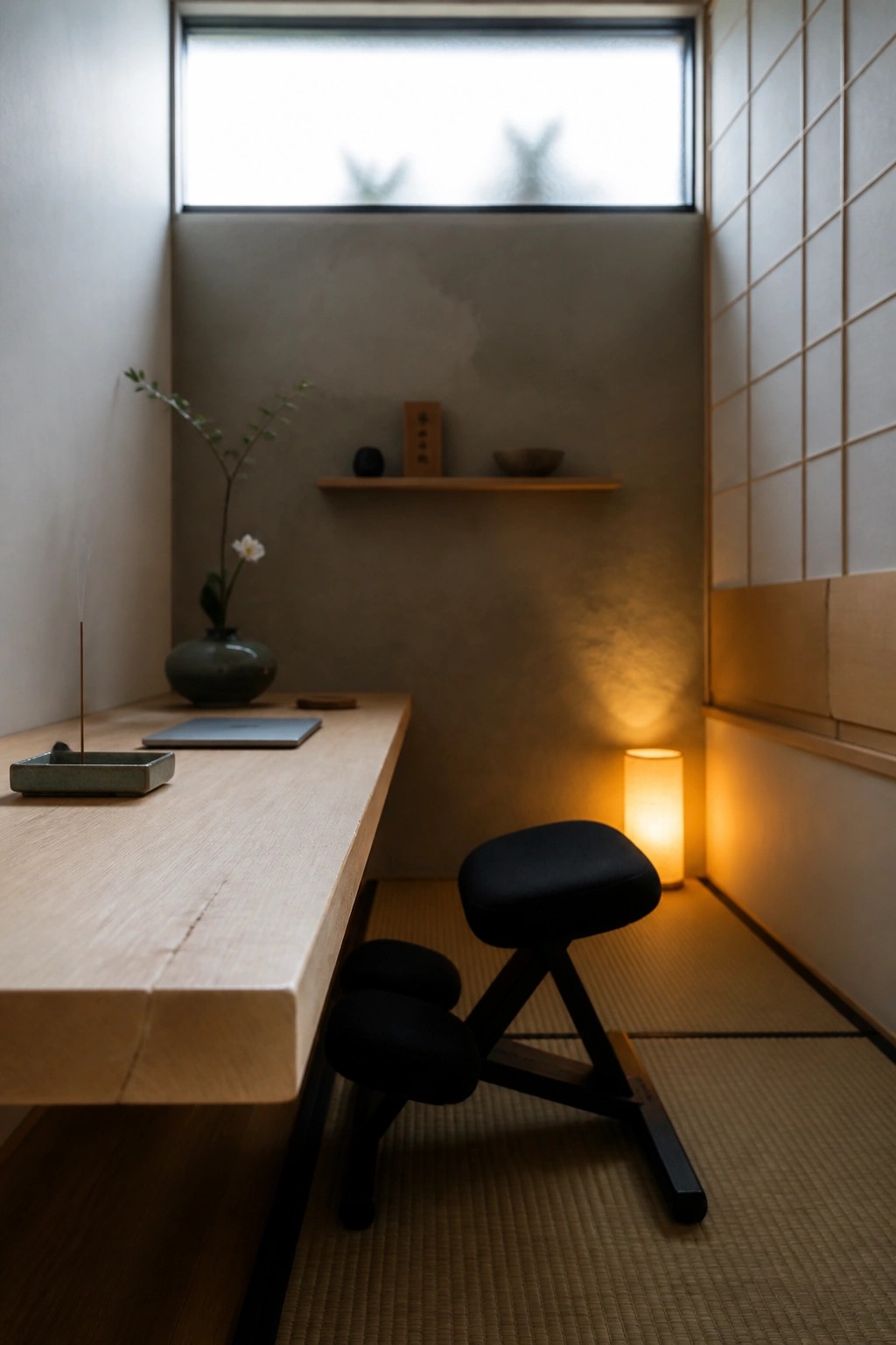 A light wood desk with an incense holder and vase sits on tatami mats beside a low black stool, with a window and floating shelf in the background.