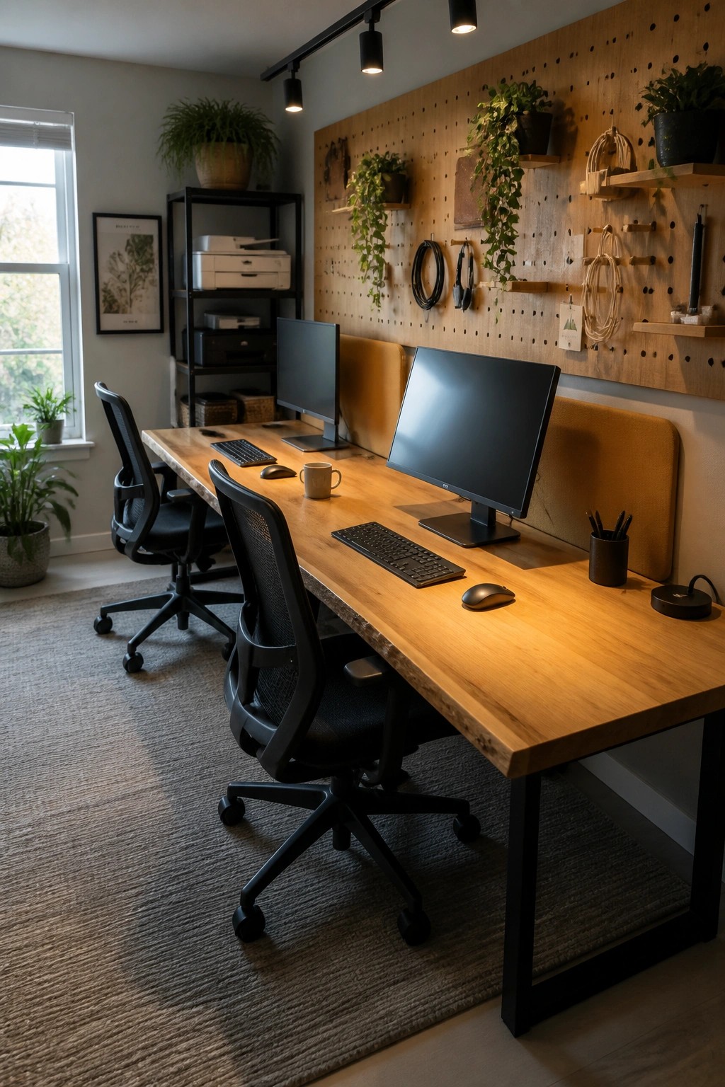 A home office featuring a long wooden desk with two black ergonomic chairs facing dual monitors, set against a wooden pegboard wall with hanging plants and accessories.