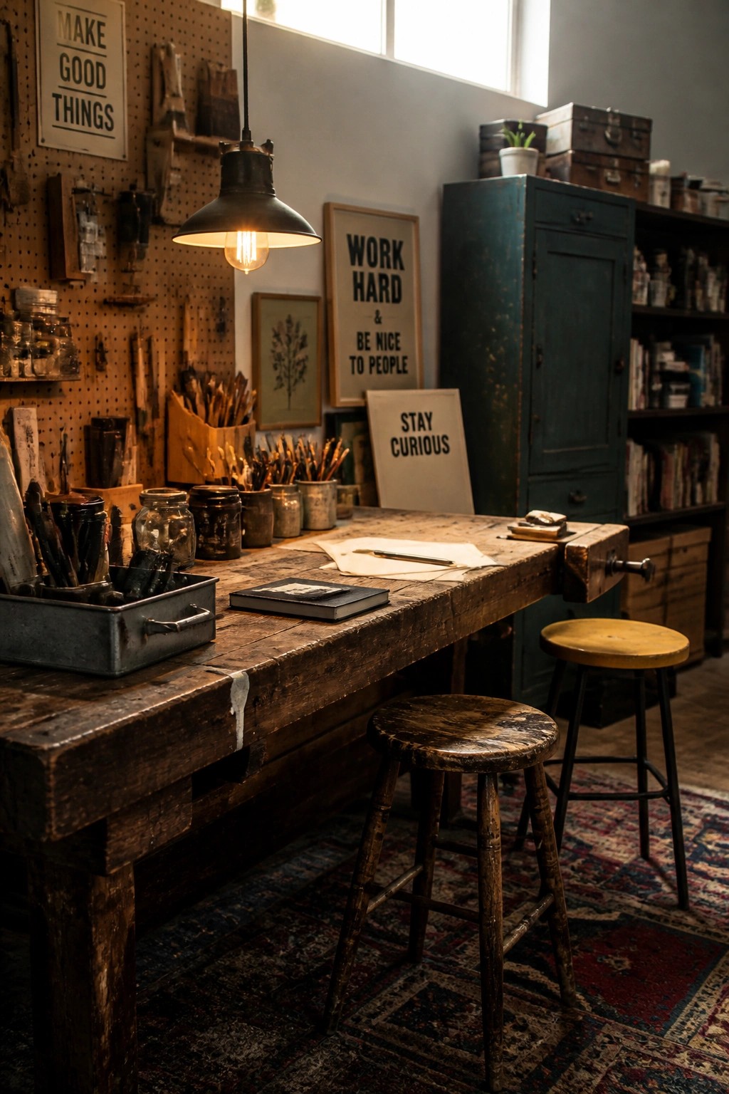 A large reclaimed wooden workbench used as a desk with two wooden stools, a hanging industrial lamp, and a pegboard wall with tools and storage jars.