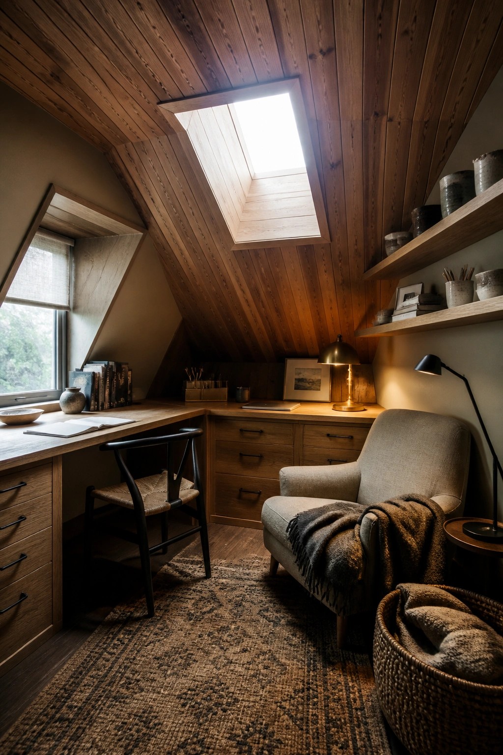 An attic home office with wood-paneled walls and ceiling, a wooden desk beneath a window, a gray armchair, and a large skylight overhead.
