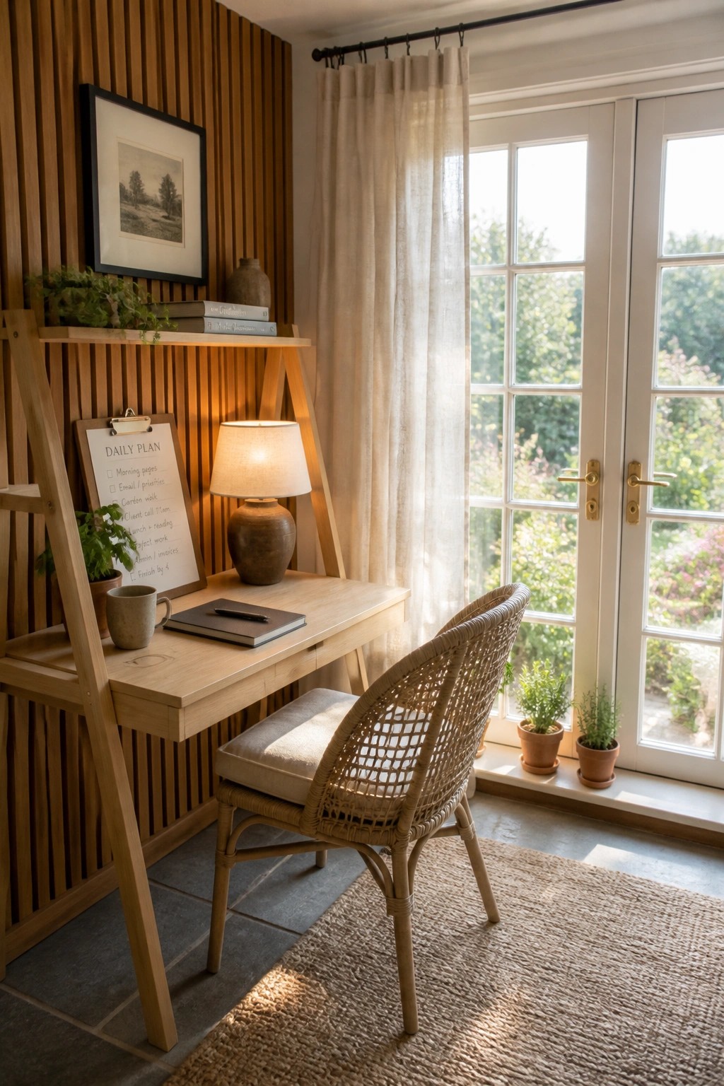A light wood desk and woven chair sit in front of a vertical wood slat wall, with a window and curtain on the right side.