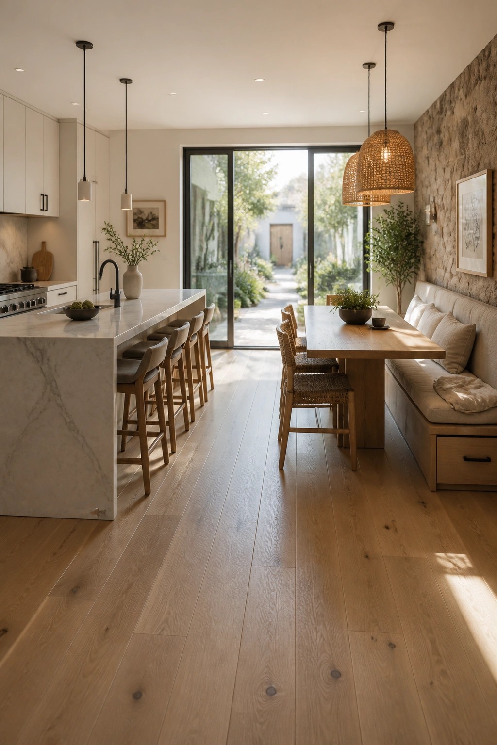 A bright open-plan kitchen and dining area with continuous light wood flooring, a marble island with bar stools, a wooden dining table with woven chairs and a bench, and large glass doors at the far end.
