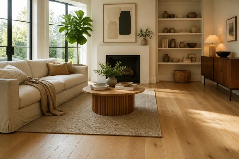 19 Elegant White Oak Flooring Ideas for Bright and Airy Interiors A living room with light oak flooring, a beige sofa on a woven rug, a round wood coffee table, and a white fireplace with built-in shelves.