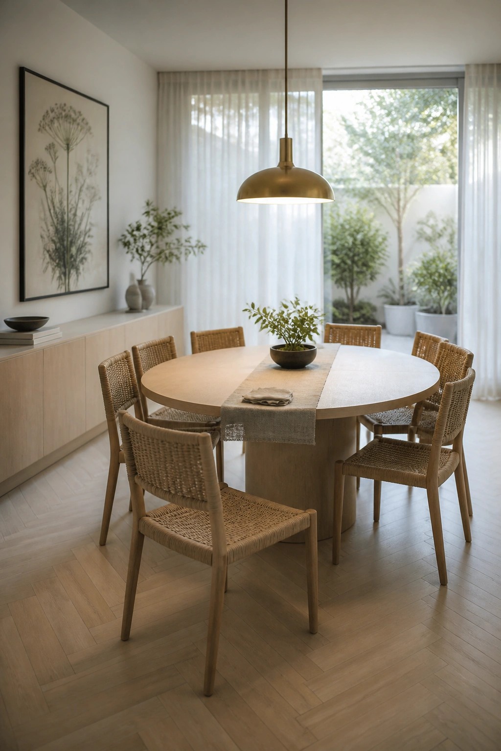 A bright dining room featuring light herringbone white oak flooring, a round wooden table with woven chairs, and a large pendant light.