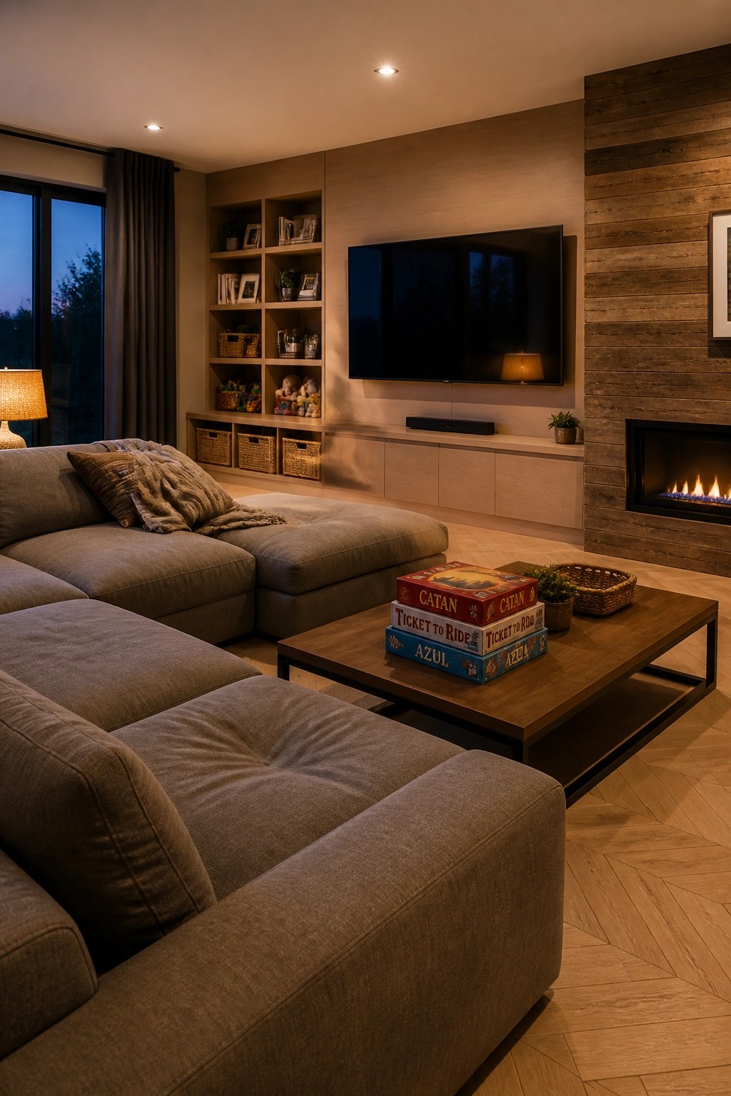 A living room with gray sectional sofa, wooden coffee table, built-in shelves, wall-mounted TV, fireplace, and herringbone white oak flooring.