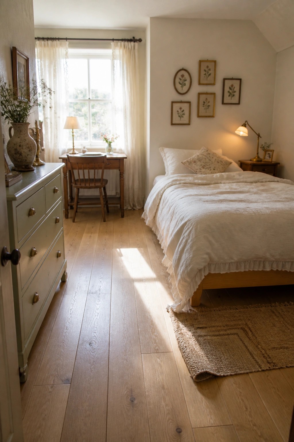 Cozy sunlit bedroom with white bed, wooden desk, green dresser, and woven rug.