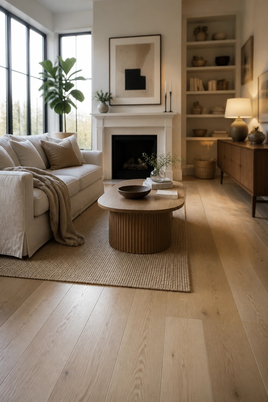 A living room with light oak flooring, a beige sofa on a woven rug, a round wood coffee table, and a white fireplace with built-in shelves.