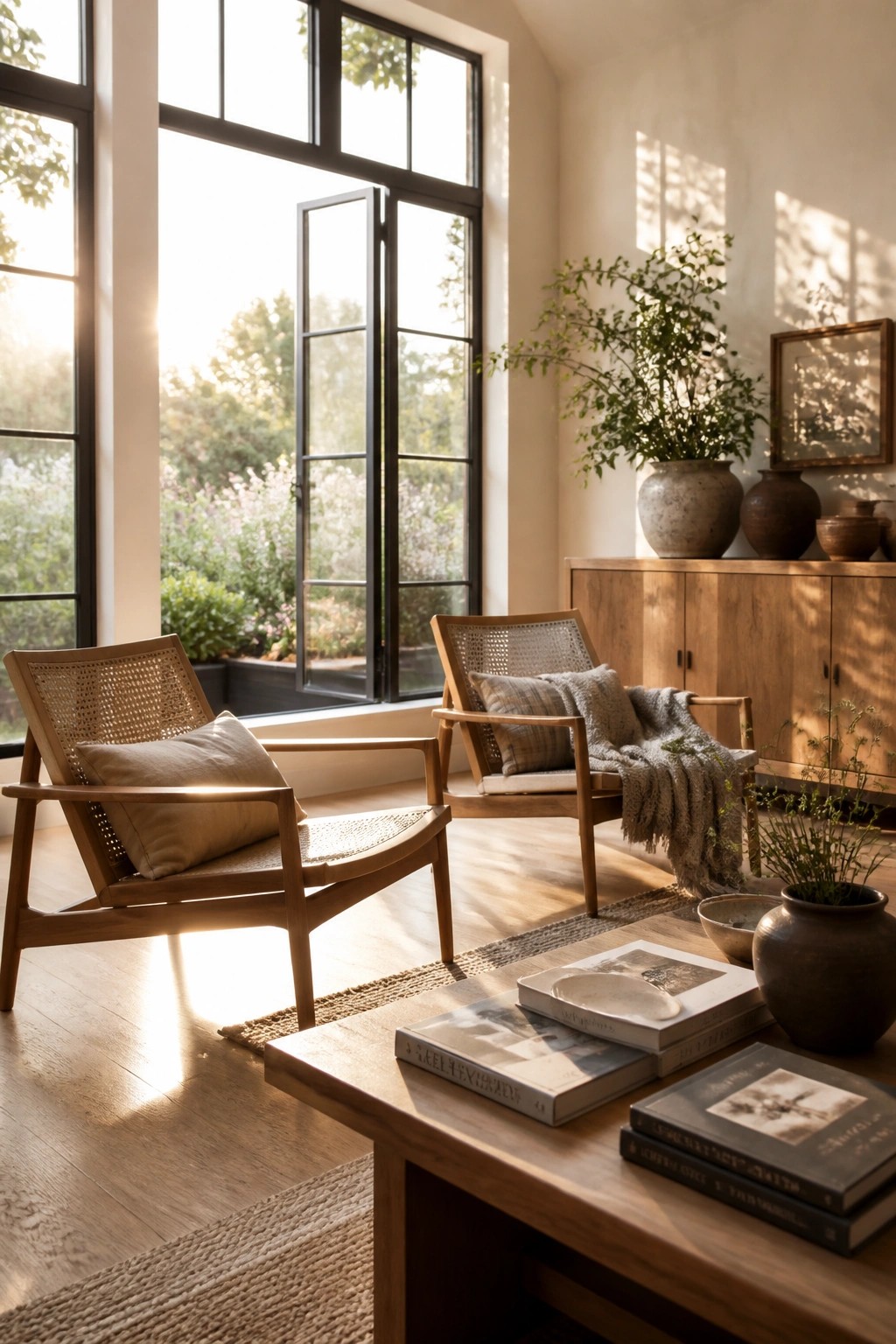 A sunlit living room featuring light oak flooring, two wooden armchairs with woven seats, a low coffee table with stacked books, and large black-framed windows.