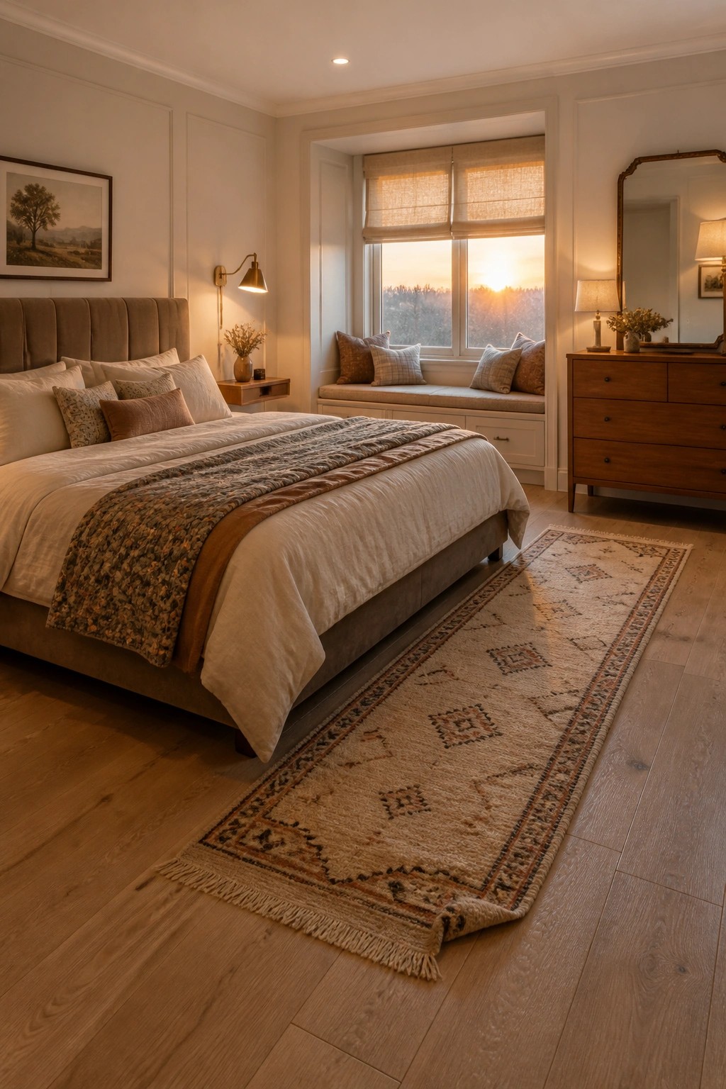 A bedroom with wide light oak flooring, a large upholstered bed with neutral linens, and a window seat beneath two windows.