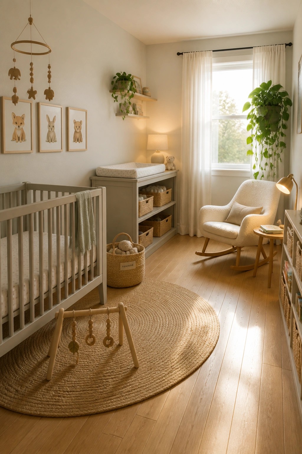 Cozy nursery with gray crib, rocking chair, jute rug, changing table, and plants.