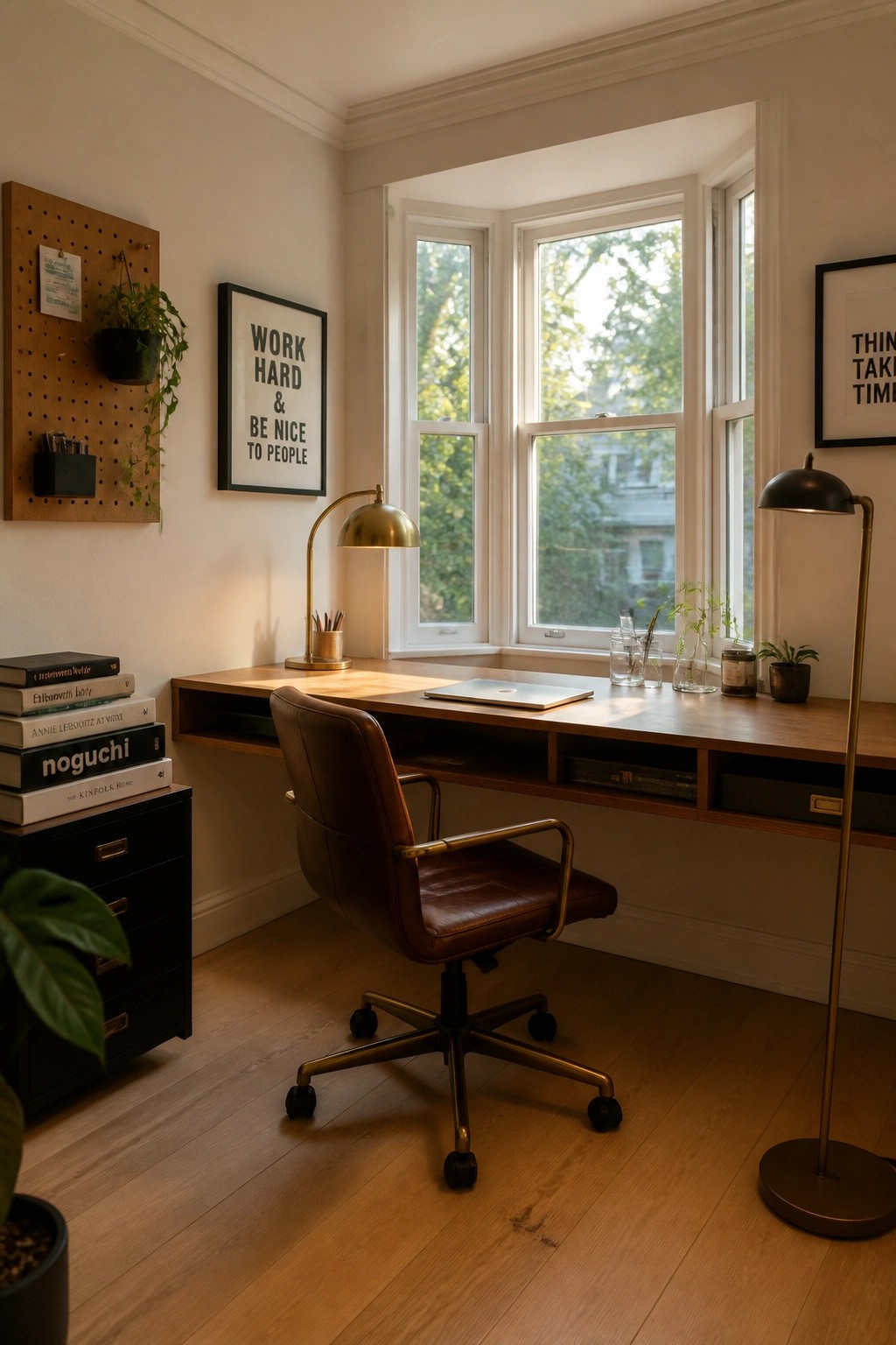 A home office with white oak flooring, a wooden desk under large windows, and a brown leather swivel chair.