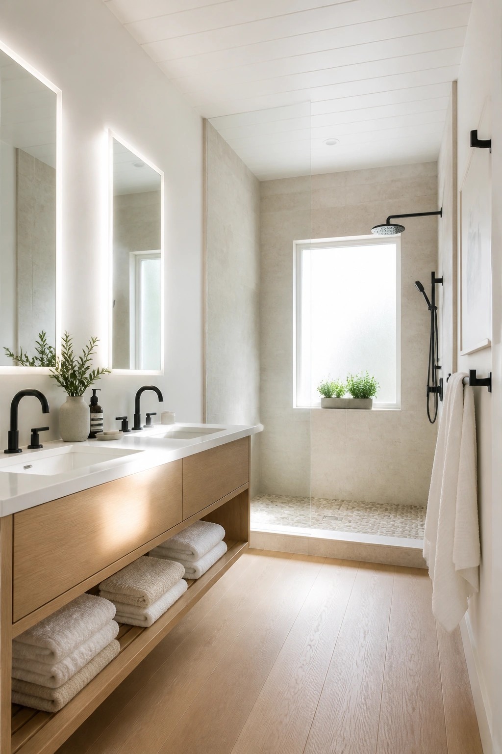 Modern bathroom with double vanity, black faucets, towel shelves, and glass shower.