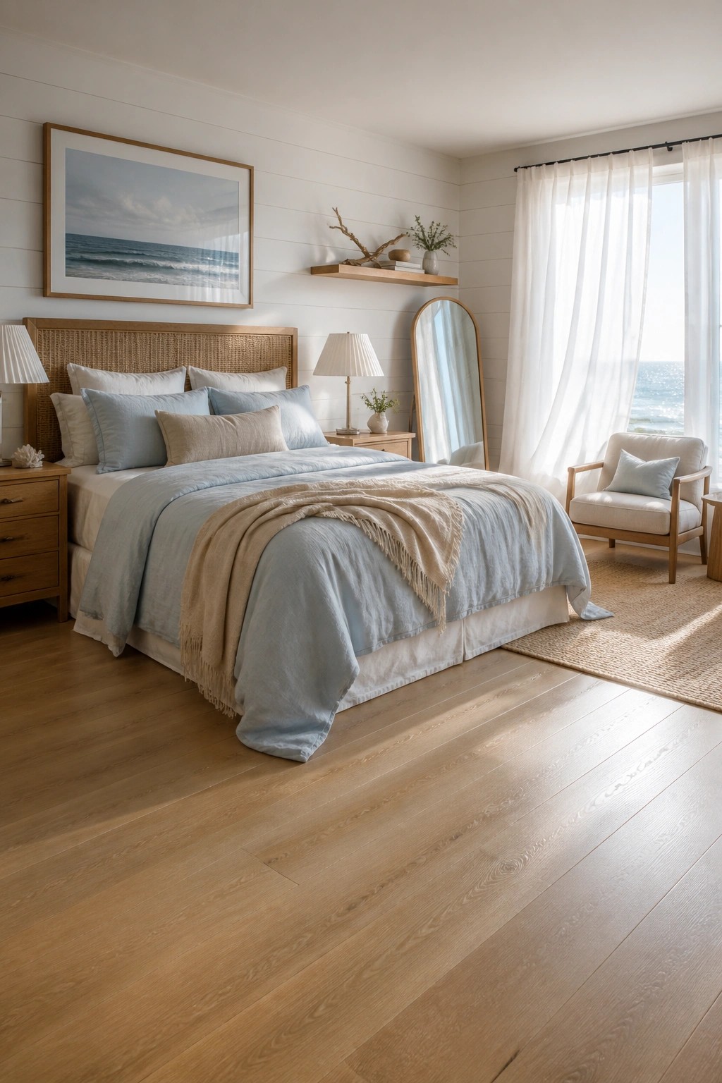 A bedroom interior featuring light wood flooring, a bed with blue and beige linens, a wooden headboard, and a large window with white curtains showing an ocean view.