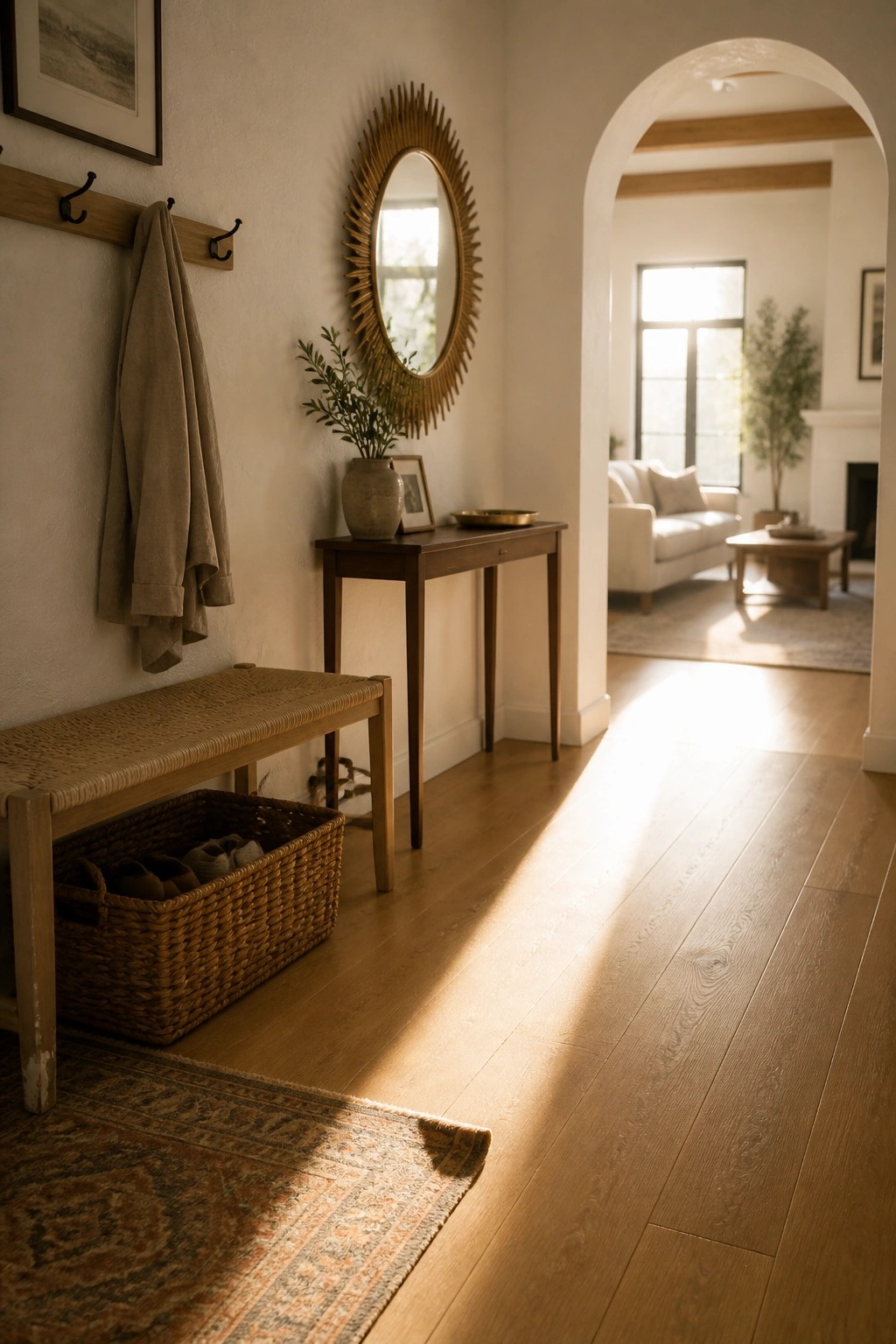 A sunlit hallway with light wood flooring, a woven bench holding a basket, and a console table beneath a round mirror, leading into a living room.
