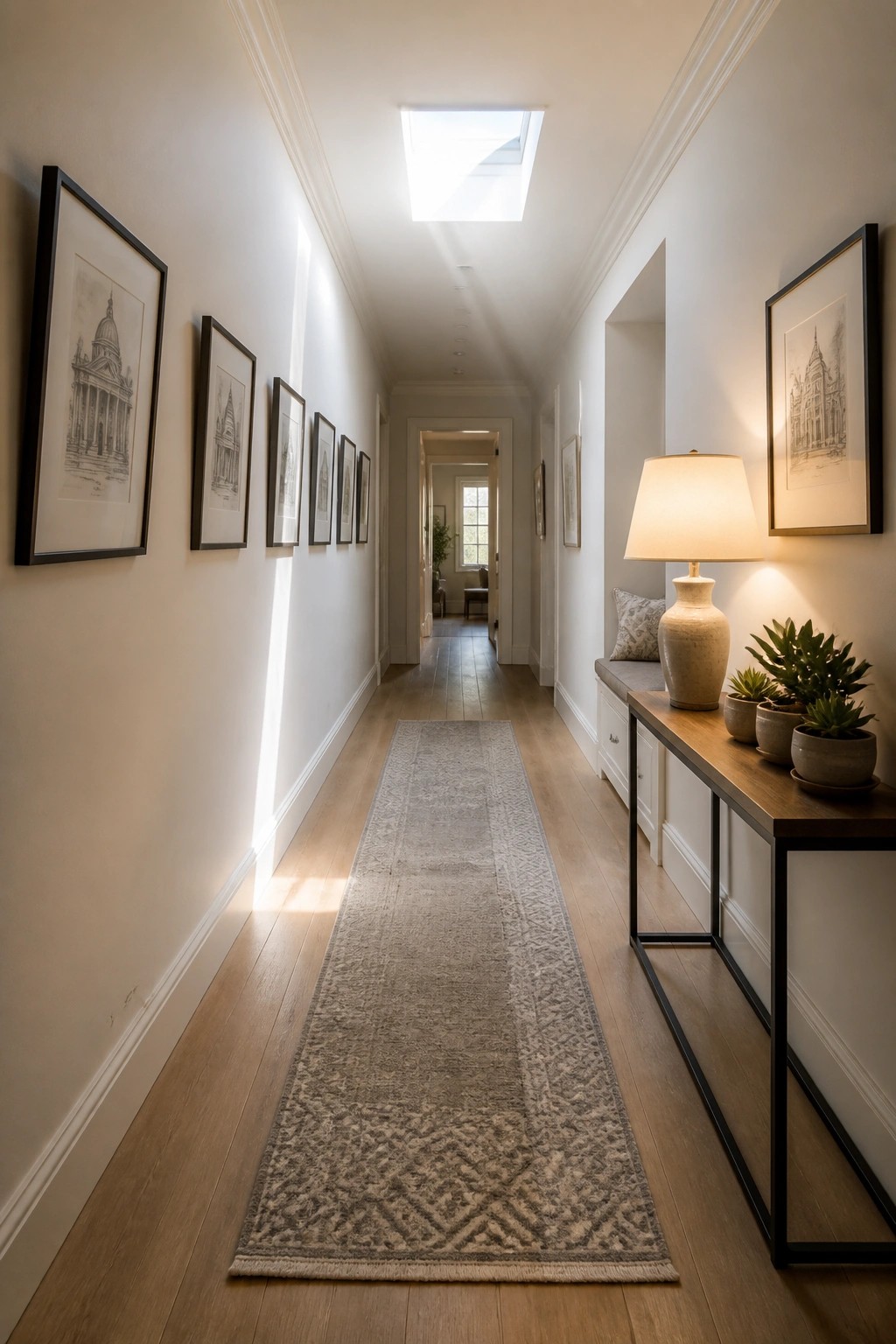 A narrow interior hallway with light wood flooring, framed artwork along both walls, a skylight overhead, and a wooden console table on the right.