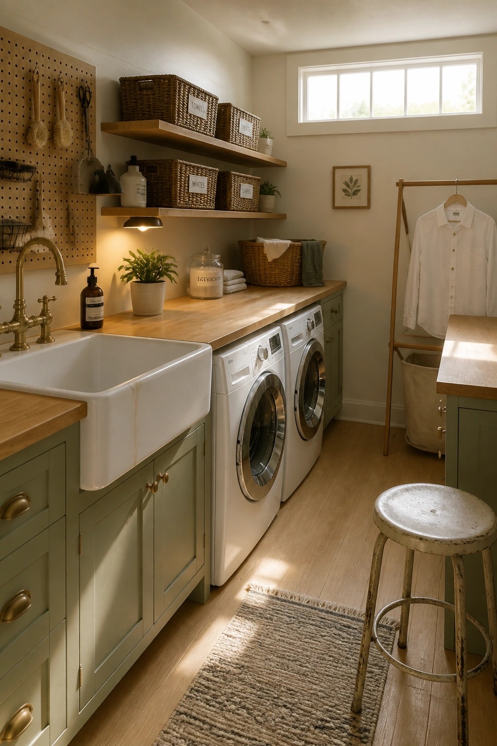 A laundry room with white oak flooring, a white farmhouse sink, green cabinets, two washing machines, and wooden shelves holding baskets.
