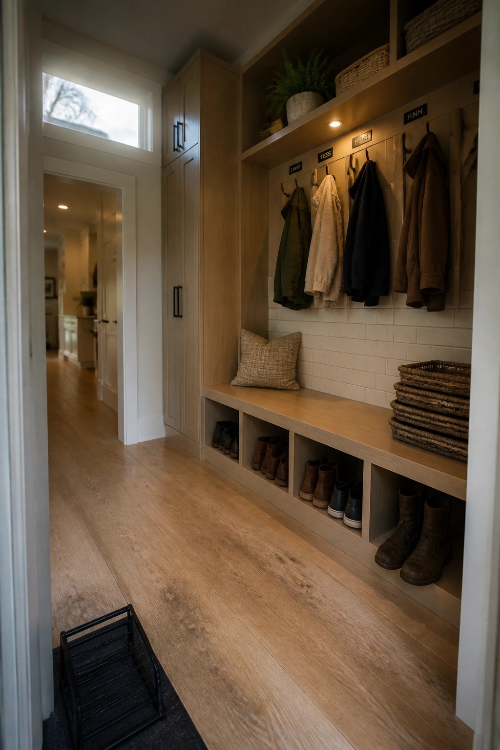 A narrow mudroom with light wood flooring, a long built-in bench with open shoe cubbies, wall hooks holding coats, and upper shelves with baskets and a potted plant.