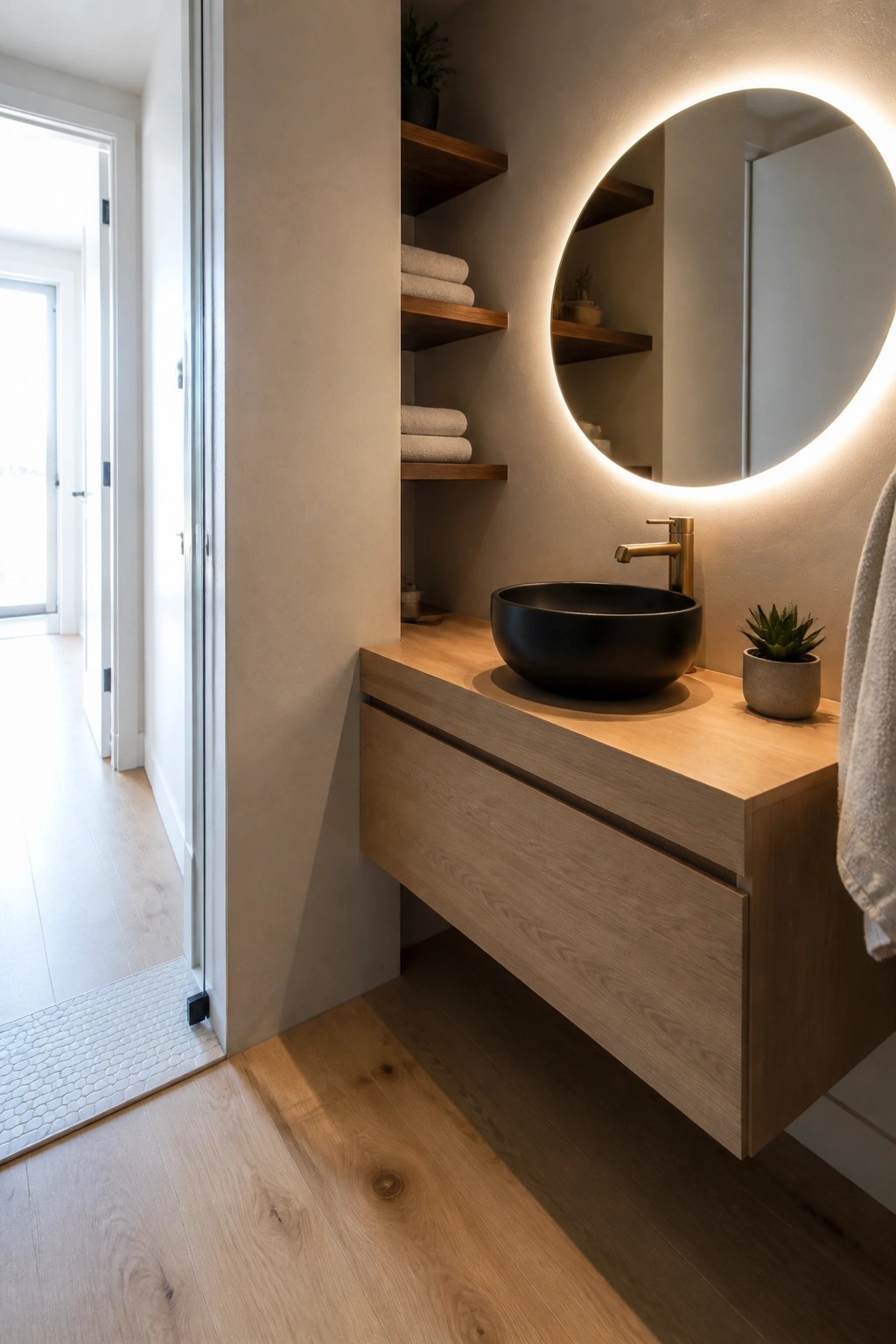 A modern bathroom featuring light wood flooring, a floating wood vanity with a black vessel sink, and a round backlit mirror on a beige wall.