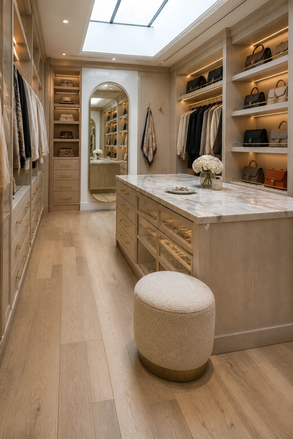 A walk-in closet with white oak flooring, built-in light wood shelving and drawers, a marble-topped central island, and a skylight above.