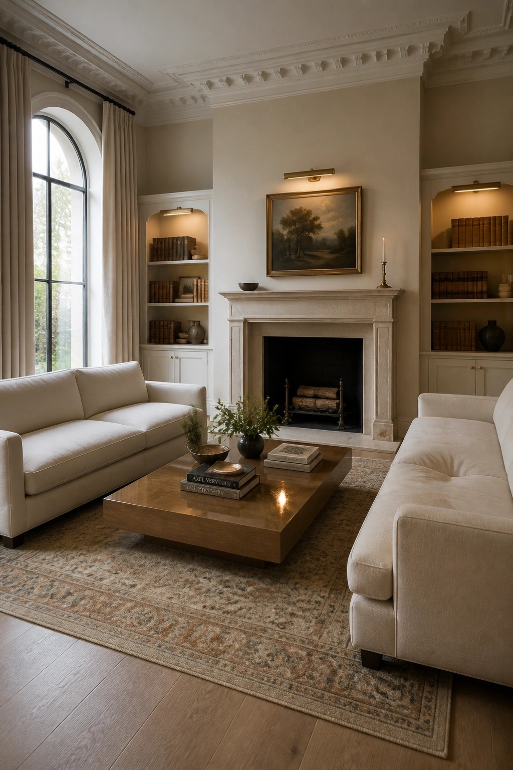 A living room featuring light wood flooring, cream sofas, a wooden coffee table on a patterned rug, and a fireplace flanked by built-in bookshelves.