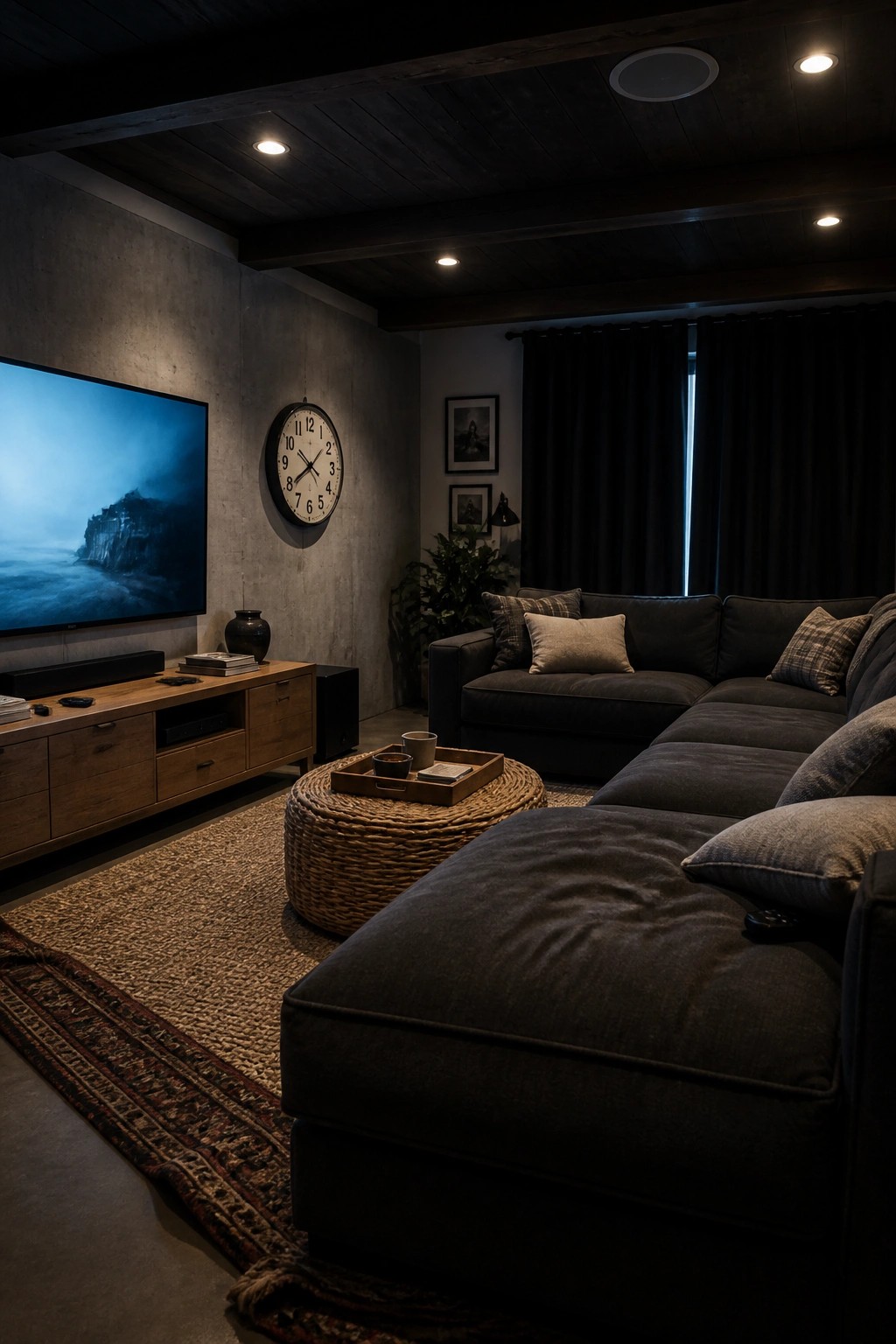 A living room with a dark wood beamed ceiling, gray sectional sofa, wooden media console, and large television mounted on a concrete wall.