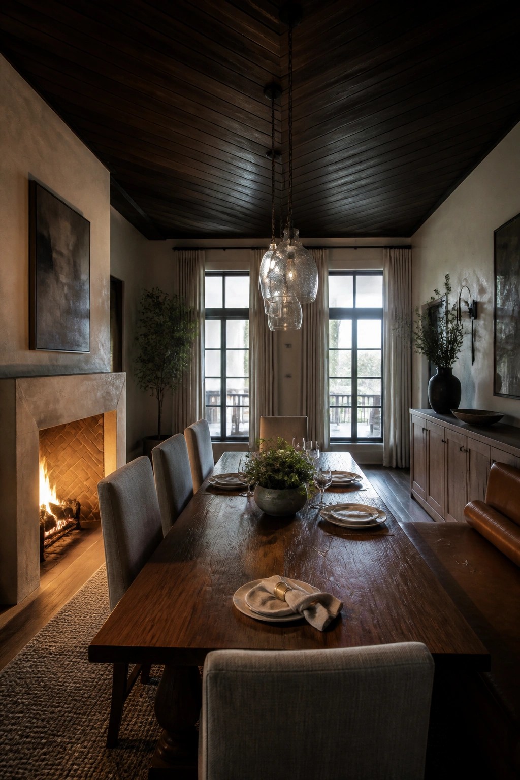 A dining room featuring a dark wood plank ceiling, a long wooden table set with plates and glasses, upholstered chairs, and a lit stone fireplace on the left wall.