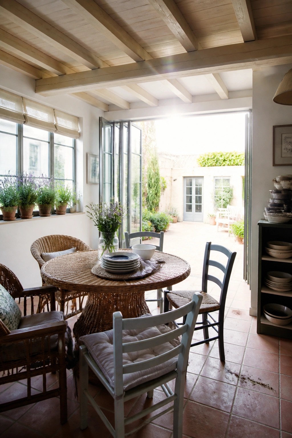 An interior dining space with a light wood plank ceiling and exposed beams, a round wicker table set with dishes, several wooden and painted chairs, and open glass doors leading outside.