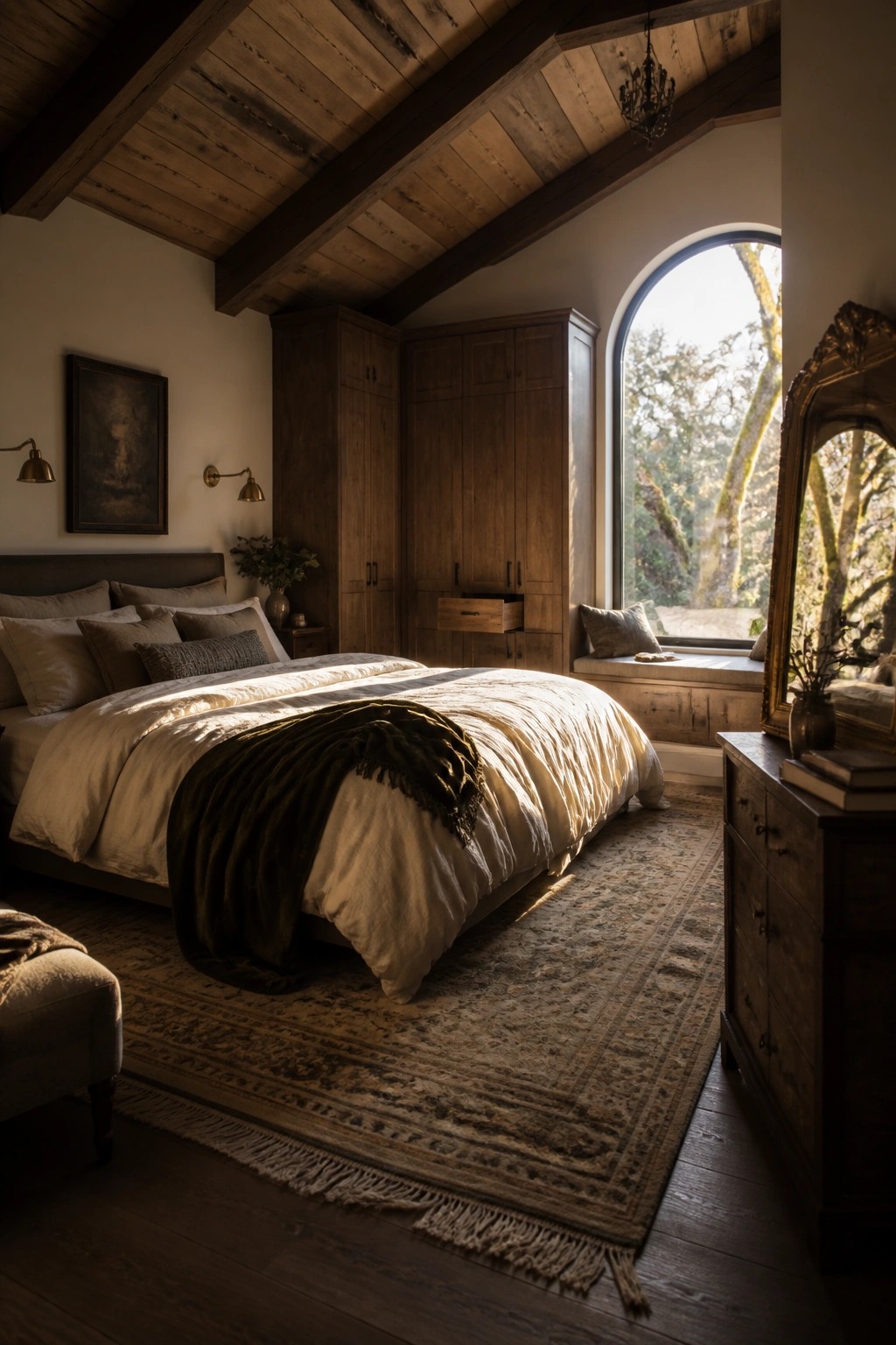A bedroom with a high wood plank ceiling supported by dark exposed beams, a large bed with white bedding and a dark throw, and an arched window on the right wall.