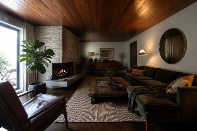 A living room with a dark wood plank ceiling, green sofa, wooden coffee table, and stone fireplace.