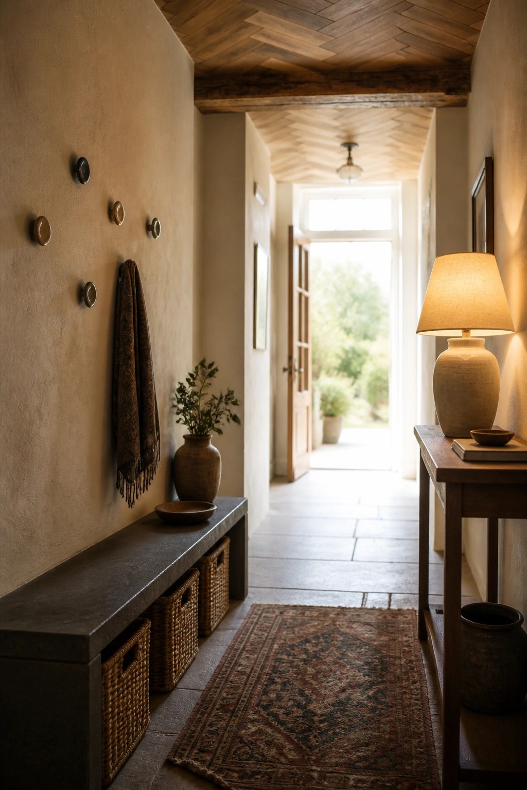 Interior hallway with herringbone wood ceiling, exposed beams, stone bench with woven baskets, and open doorway to garden.