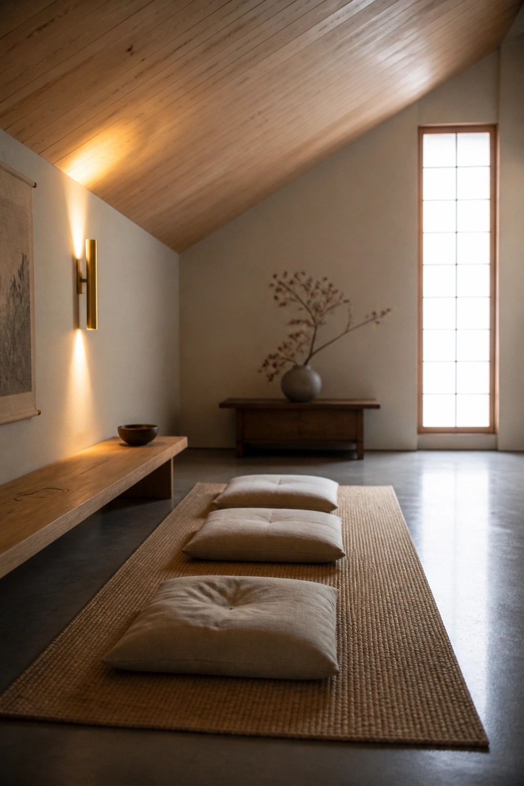 A minimalist interior with a sloped light wood plank ceiling, a long wooden bench along the left wall, three floor cushions on a woven mat, and a tall window on the right.