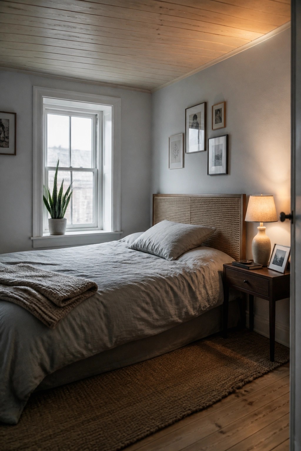 Cozy bedroom with neutral linens, cane headboard, bedside lamp, and window plant.